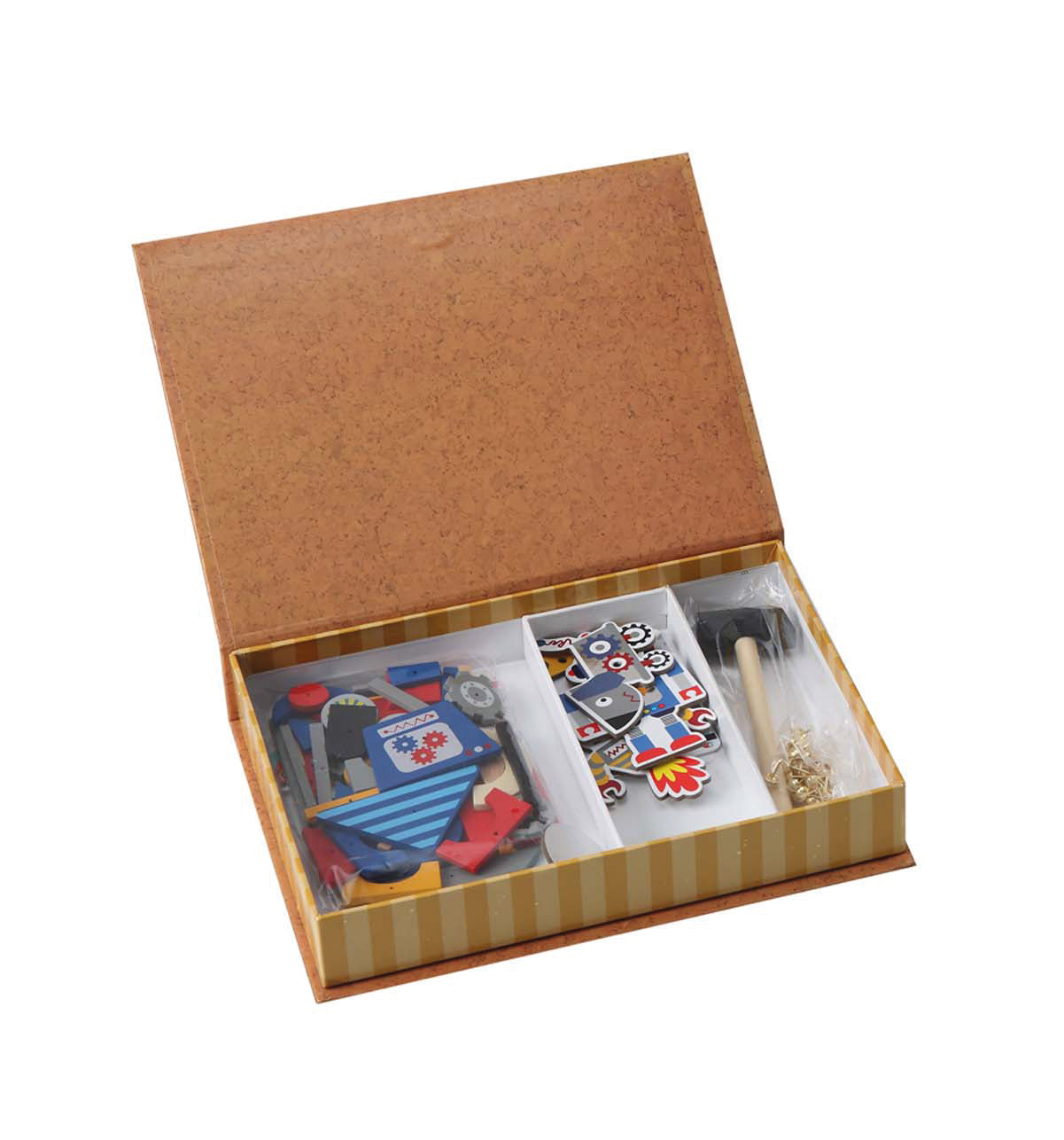 Wooden Pin-Cork Robert & Spaceship Tap A Shape Set / juego de corcho y formas / martillo y chinchetas
