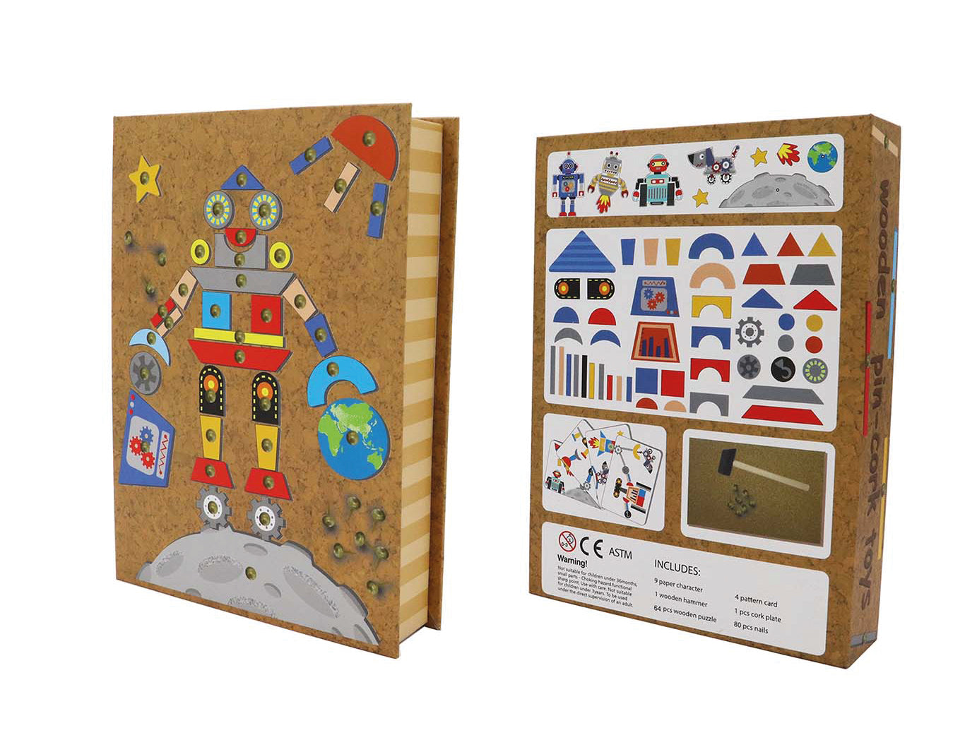 Wooden Pin-Cork Robert & Spaceship Tap A Shape Set / juego de corcho y formas / martillo y chinchetas