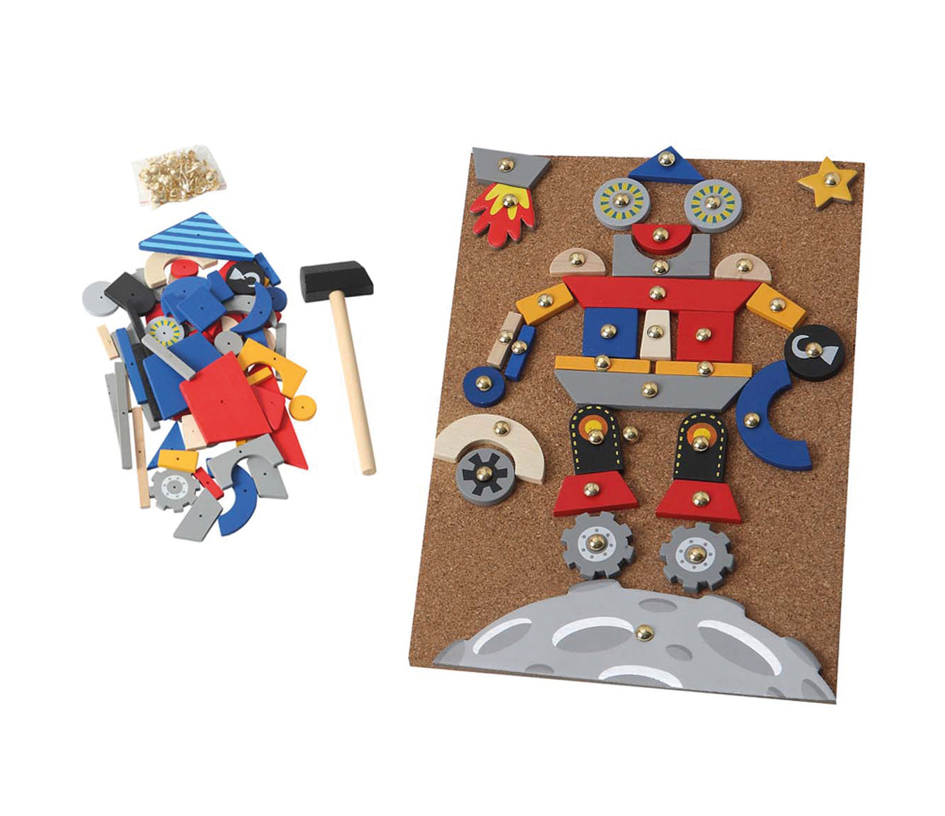 Wooden Pin-Cork Robert & Spaceship Tap A Shape Set / juego de corcho y formas / martillo y chinchetas