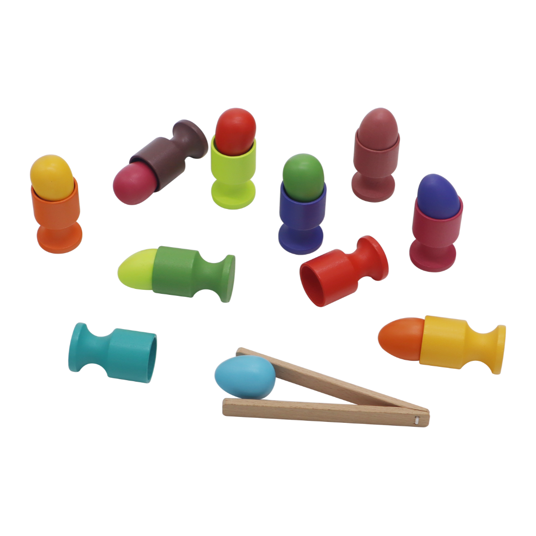 WOODEN CUPS & EGGS / Vasos y huevos de madera / Juego de huevos de madera / Juego de clasificación de colores