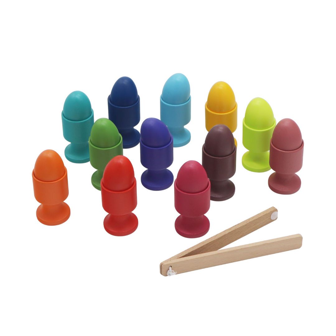 WOODEN CUPS & EGGS / Vasos y huevos de madera / Juego de huevos de madera / Juego de clasificación de colores
