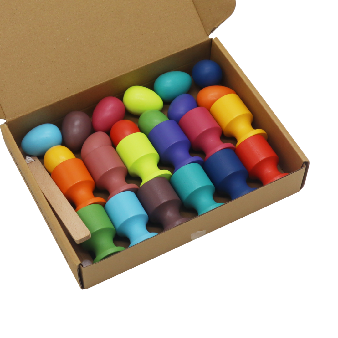 WOODEN CUPS & EGGS / Vasos y huevos de madera / Juego de huevos de madera / Juego de clasificación de colores