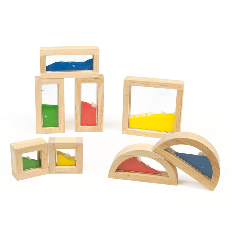 8 pcs. Wooden Blocks Sand / 8 Bloques de madera con Arena de Colores y Conchas