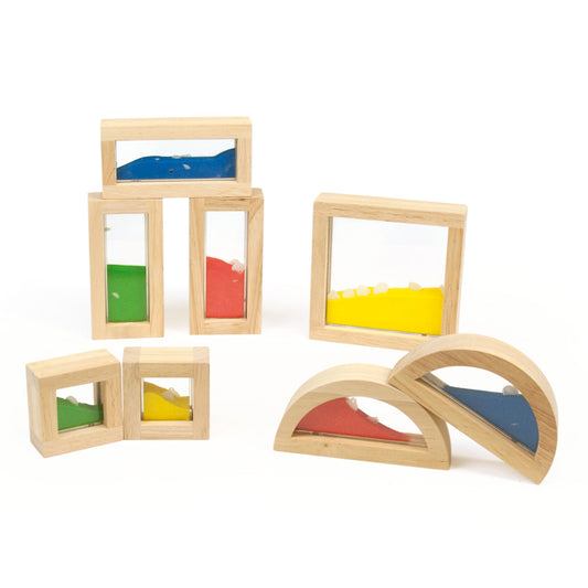 8 pcs. Wooden Blocks Sand / 8 Bloques de madera con Arena de Colores y Conchas
