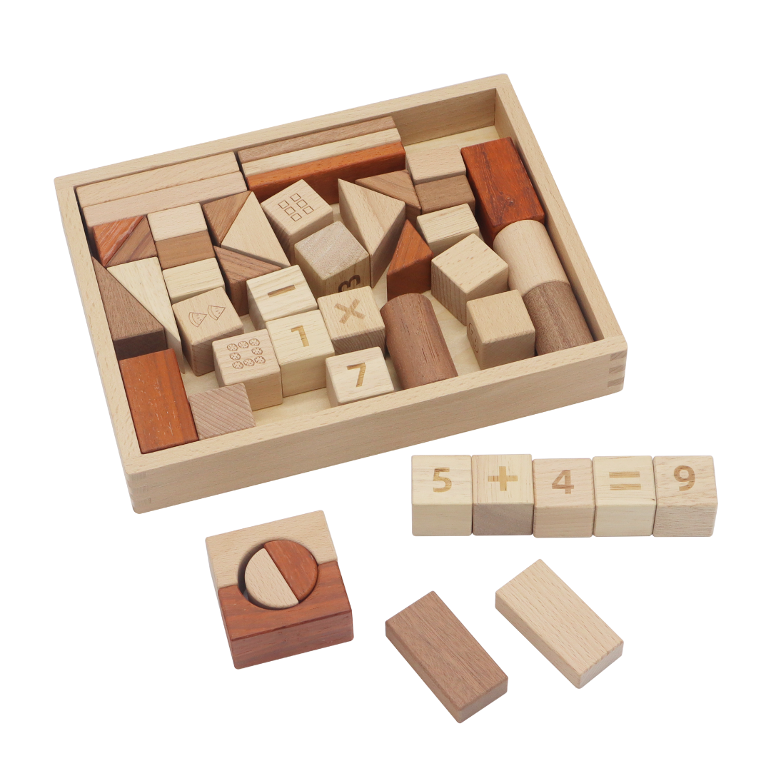 48 WOODEN BLOCKS / Piezas de madera para construir / Material didáctico multifuncional / Formas y números para aprender