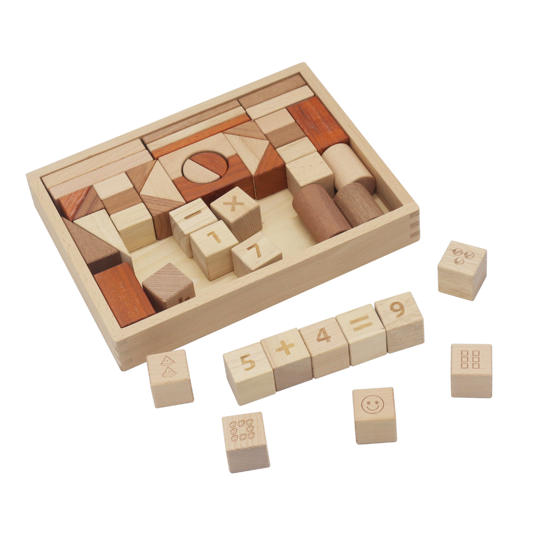 48 WOODEN BLOCKS / Piezas de madera para construir / Material didáctico multifuncional / Formas y números para aprender