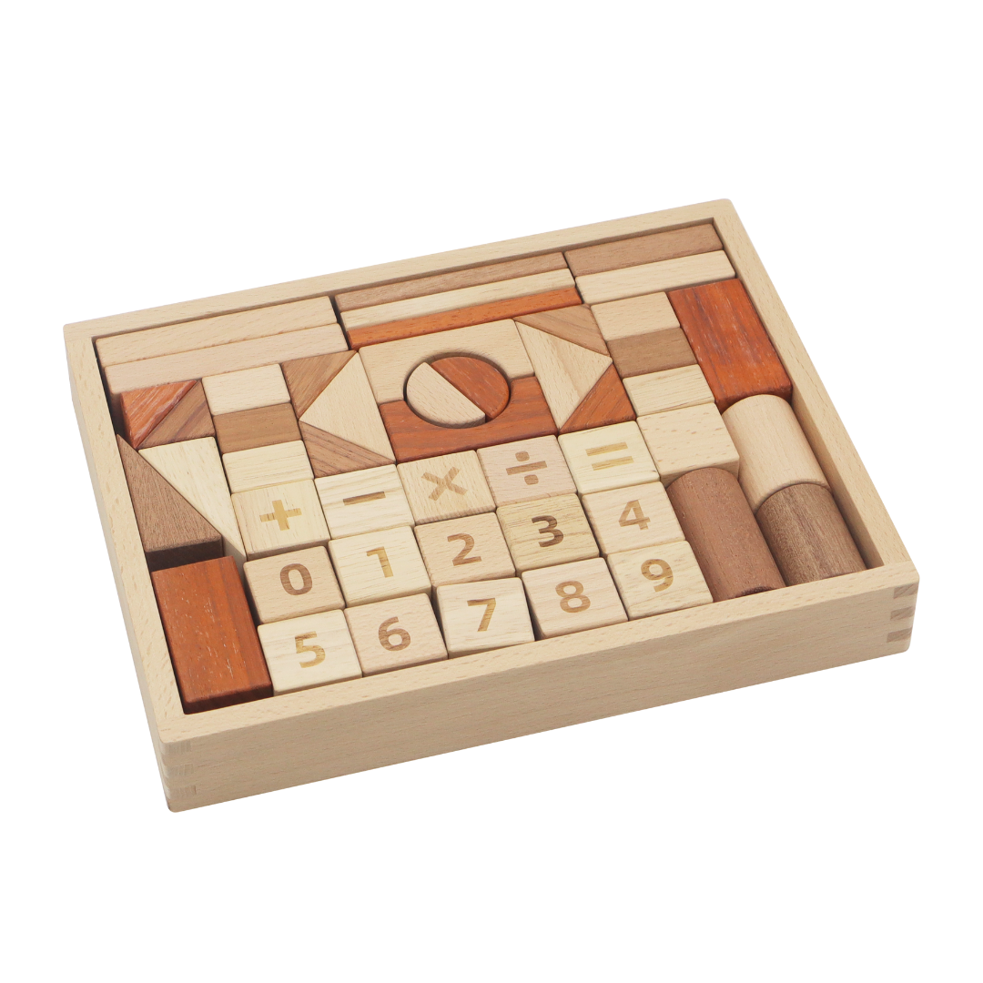 48 WOODEN BLOCKS / Piezas de madera para construir / Material didáctico multifuncional / Formas y números para aprender