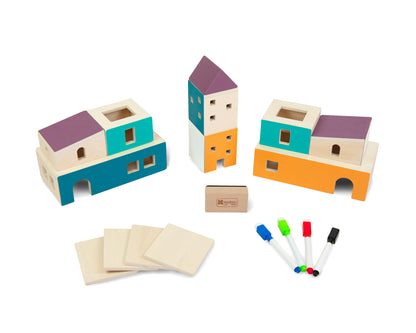 CITY WALLS / Muros de la Ciudad / Casitas de madera con pizarra magnética / Juego con mesas de luz