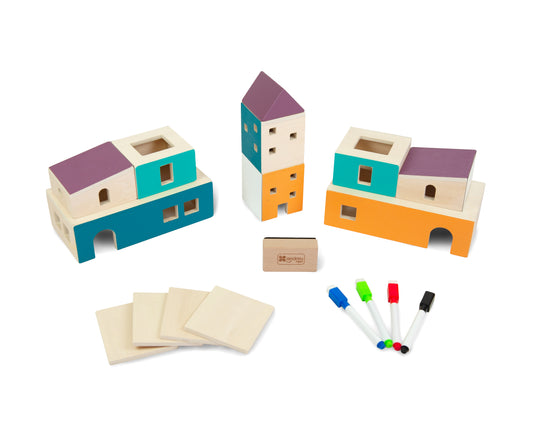 CITY WALLS / Muros de la Ciudad / Casitas de madera con pizarra magnética / Juego con mesas de luz