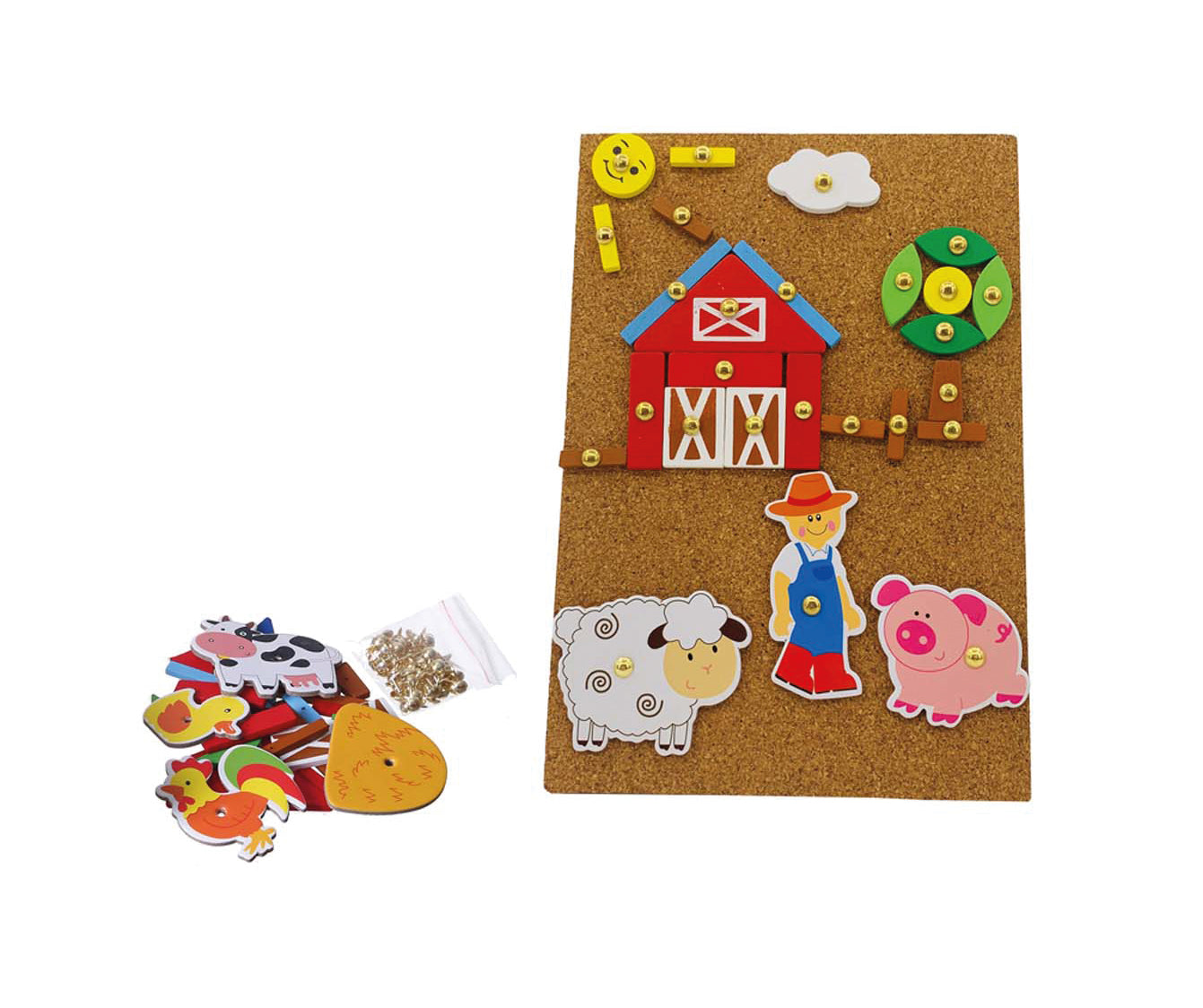 Wooden Pin-Cork Farm Tap A Shape Set / juego de corcho y formas / martillo y chinchetas