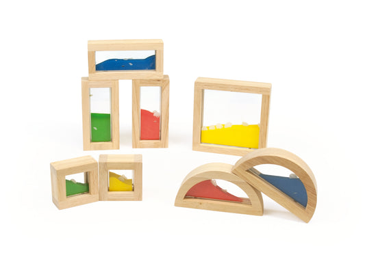 8 Pcs. Wooden Blocks Sand / 8 Bloques de madera con arena de colores y conchas / transparencias / mesas de luz