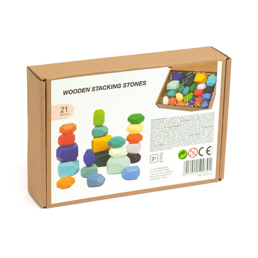 Wooden Stacking Stones - 21 Pcs. / Rocas de madera de colores - 21 piezas / piedras apilables